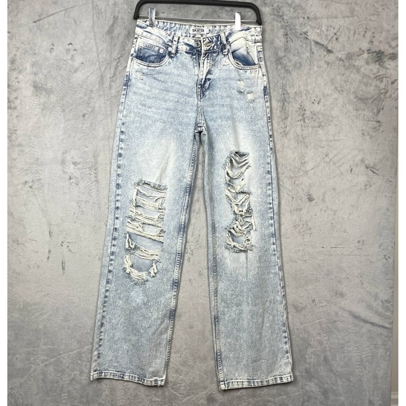 Y2K Refuge Denim Skater Jeans Size 0 Light Wash Low Rise Distressed Ripped - Picture 1 of 7